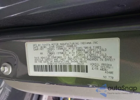 2004 Toyota Tundra Sr5 V8 z USA, uszkodzony, nr VIN 5TBET341X4S434486